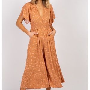 Rust Printed Smocked Waist Cropped Jumpsuit